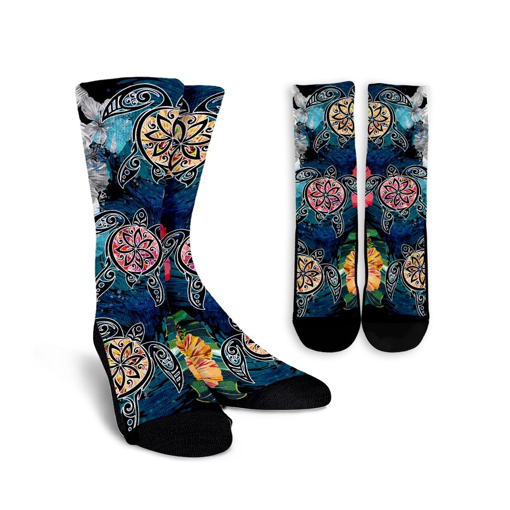 Hawaiian Turtle Swimming Wave Plumeria Hibiscus Polynesian Crew Socks - Garden Style - AH Crew Socks White - Polynesian Pride