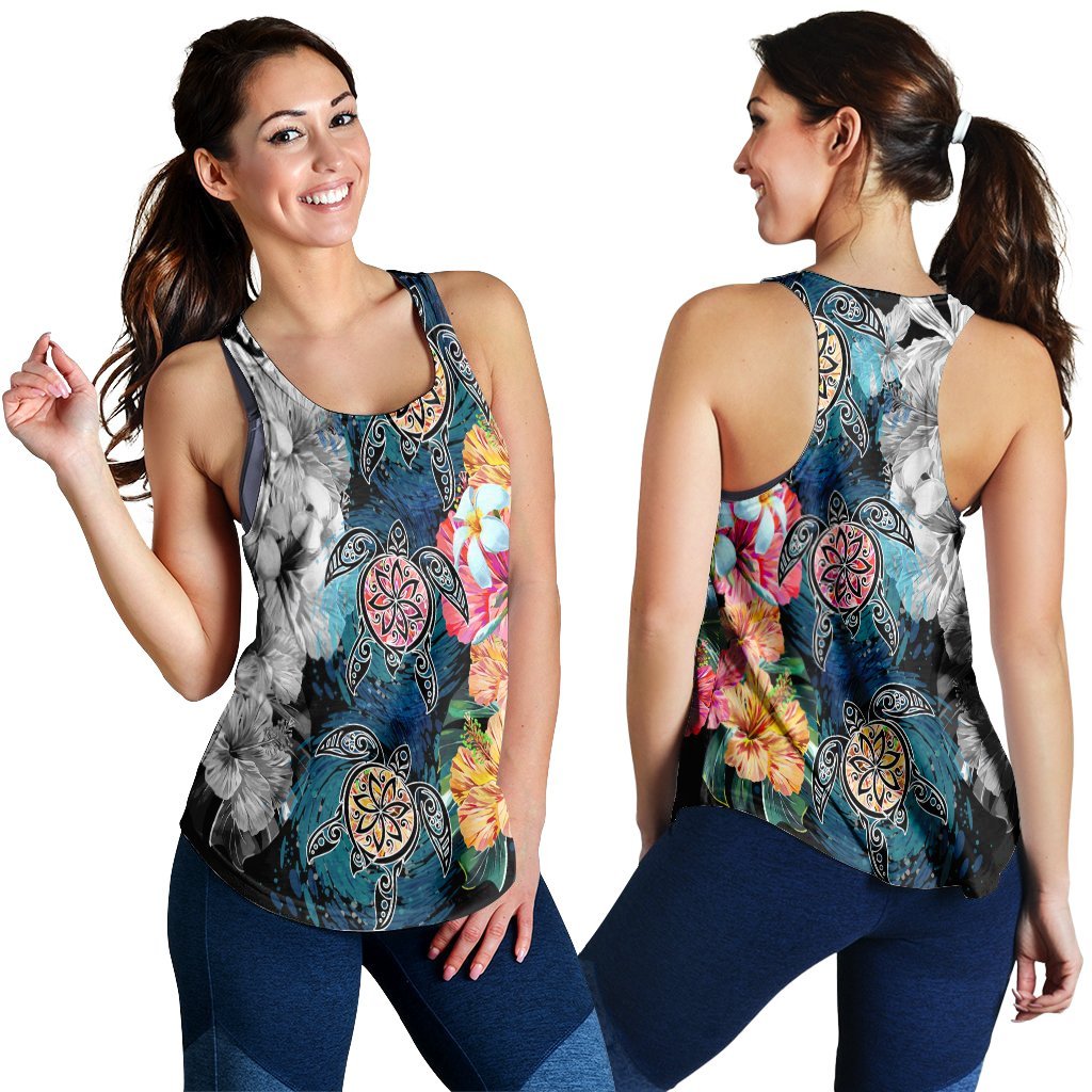 Hawaiian Turtle Swimming Wave Plumeria Hibiscus Polynesian Racerback Tank - Garden Style - AH Black - Polynesian Pride