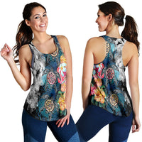 Hawaiian Turtle Swimming Wave Plumeria Hibiscus Polynesian Racerback Tank - Garden Style - AH Black - Polynesian Pride