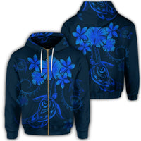 Hawaiian Turtles Hibiscus Plumeria Polynesian Zip Hoodie Blue Unisex Art - Polynesian Pride