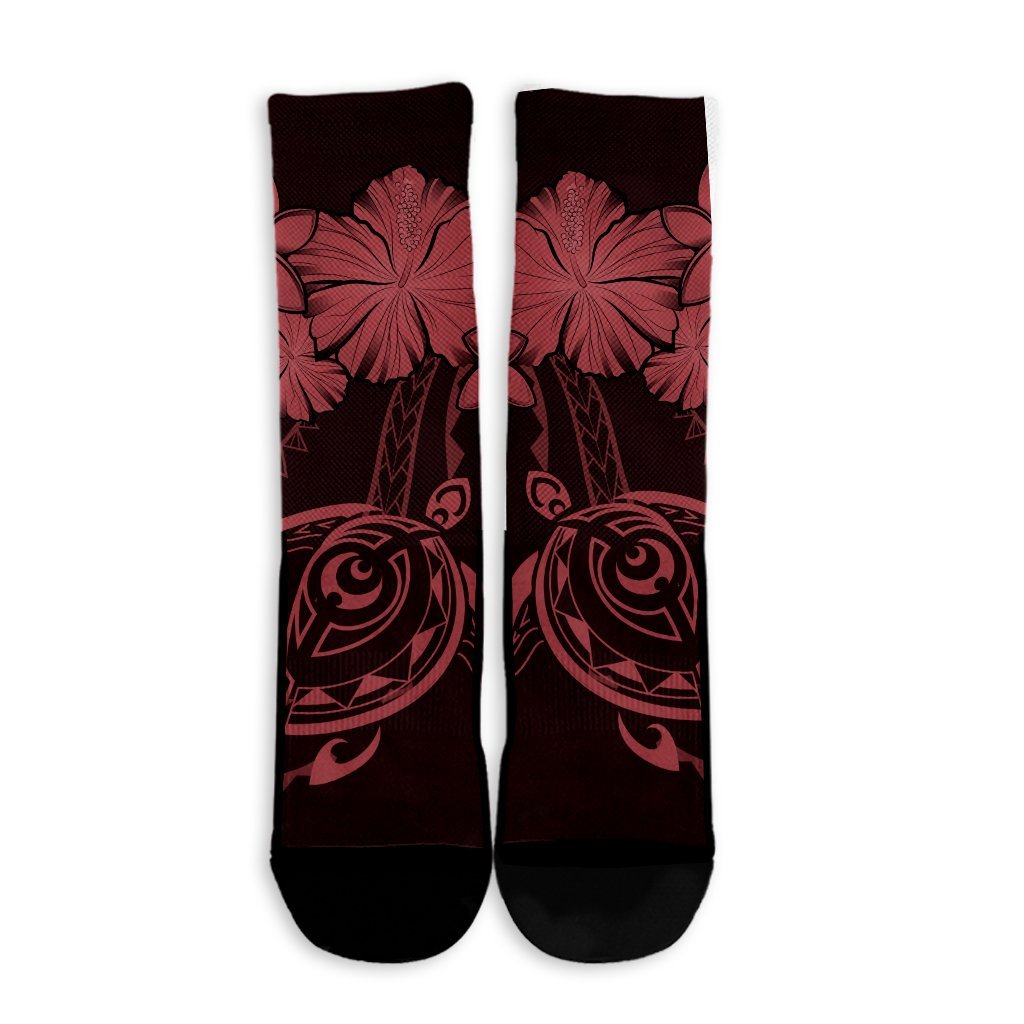Hawaiian Turtles Hibiscus Plumeria Polynesian Crew Socks - Pink - AH - Polynesian Pride