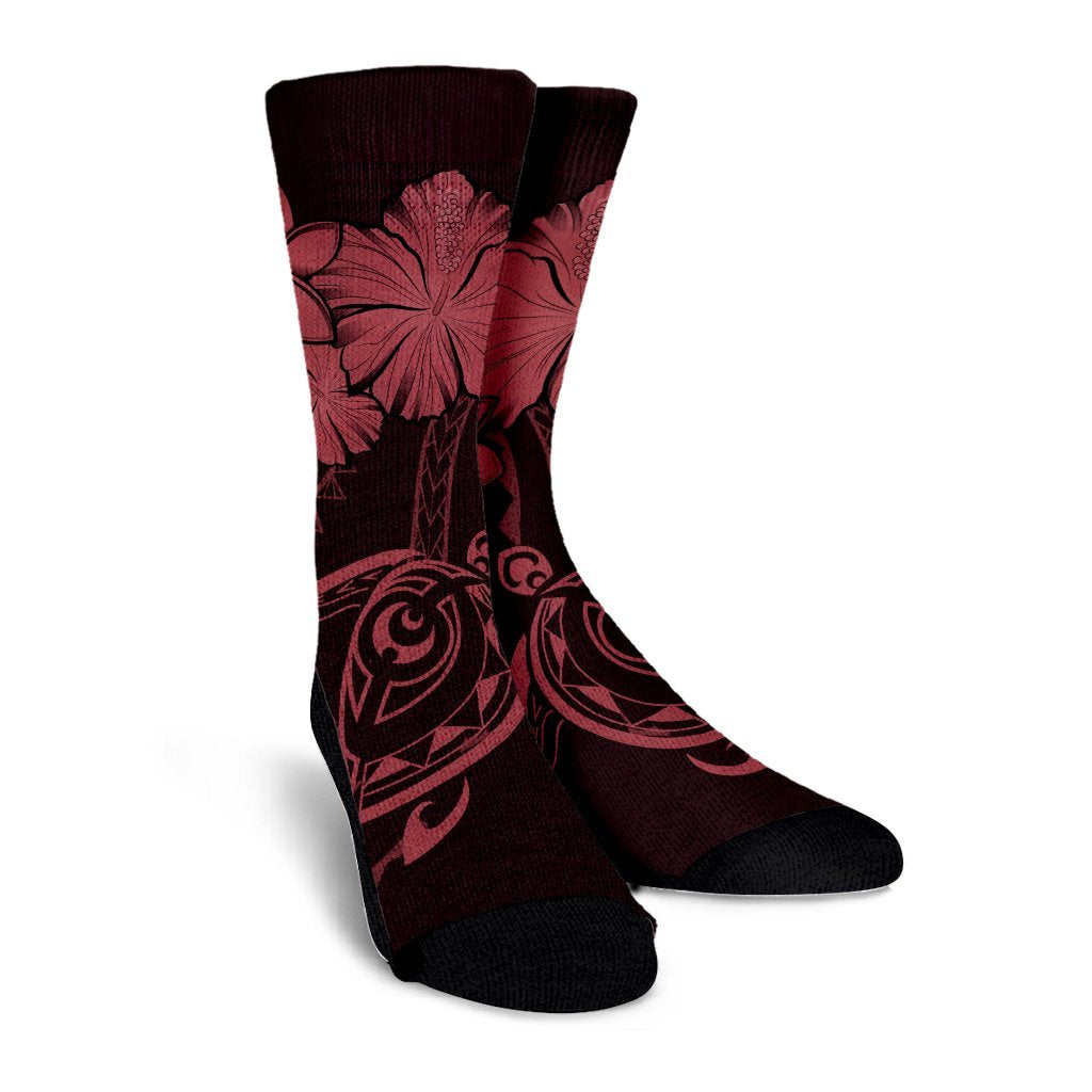 Hawaiian Turtles Hibiscus Plumeria Polynesian Crew Socks - Pink - AH - Polynesian Pride