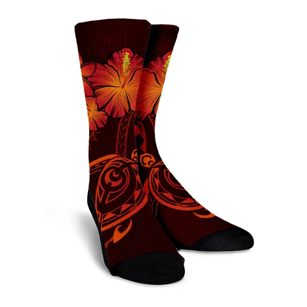 Hawaiian Turtles Hibiscus Plumeria Polynesian Crew Socks - Red - AH - Polynesian Pride