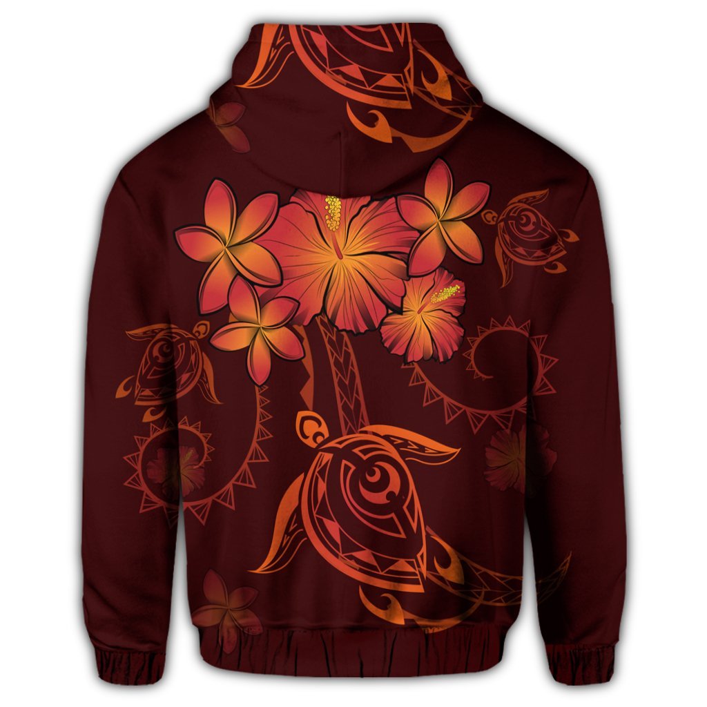 Hawaiian Turtles Hibiscus Plumeria Polynesian Zip Hoodie Red - Polynesian Pride