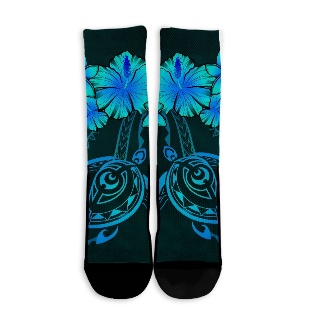 Hawaiian Turtles Hibiscus Plumeria Polynesian Crew Socks - Turquoise - AH - Polynesian Pride