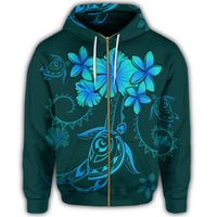 Hawaiian Turtles Hibiscus Plumeria Polynesian Zip Hoodie Turquoise - Polynesian Pride
