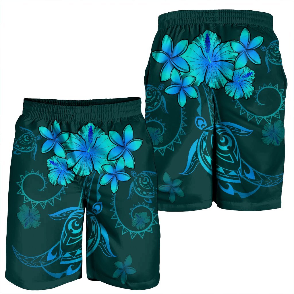 Hawaiian Turtles Hibiscus Plumeria Polynesian Men's Shorts - Turquoise - AH - Polynesian Pride