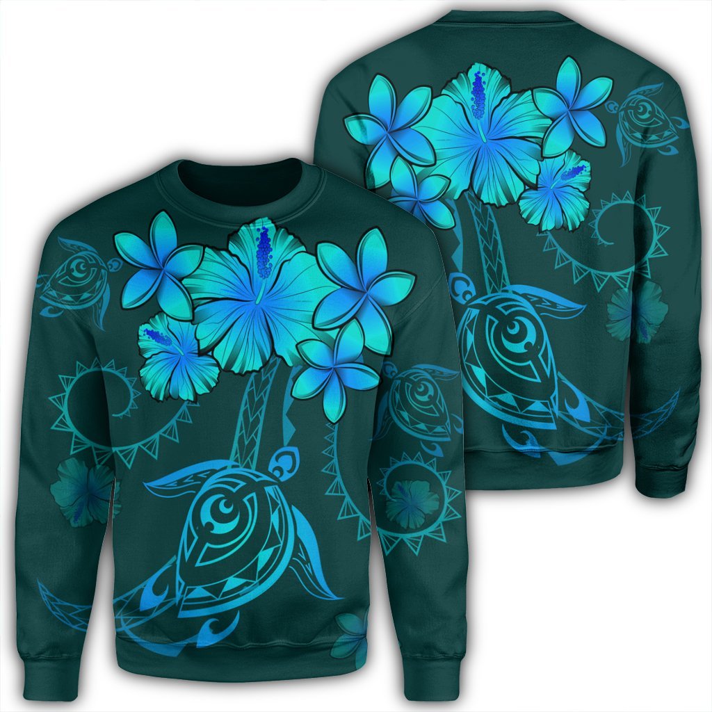 Hawaiian Turtles Hibiscus Plumeria Polynesian Sweatshirt - Turquoise - AH Unisex Black - Polynesian Pride