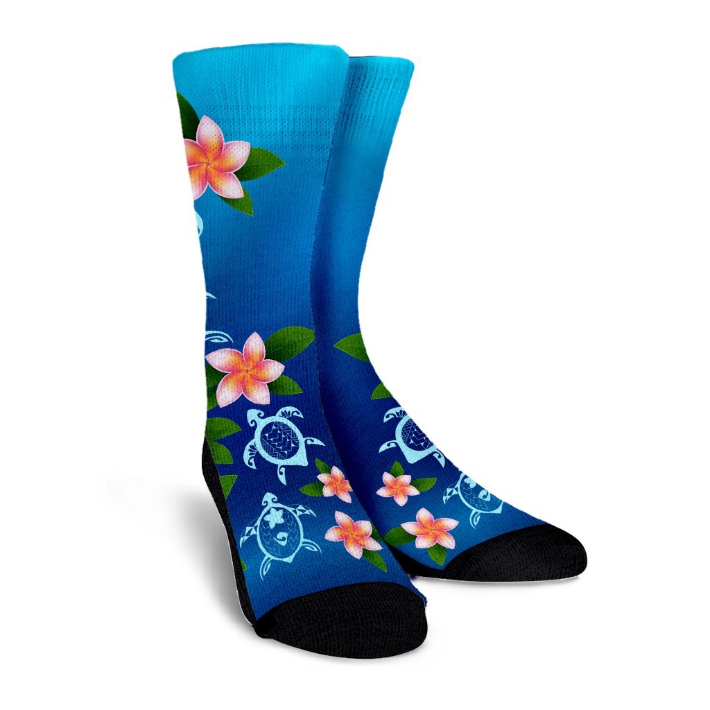 Hawaiian Tuttle And Plumeria Flower In The Sea Polynesian Crew Socks - AH - Polynesian Pride