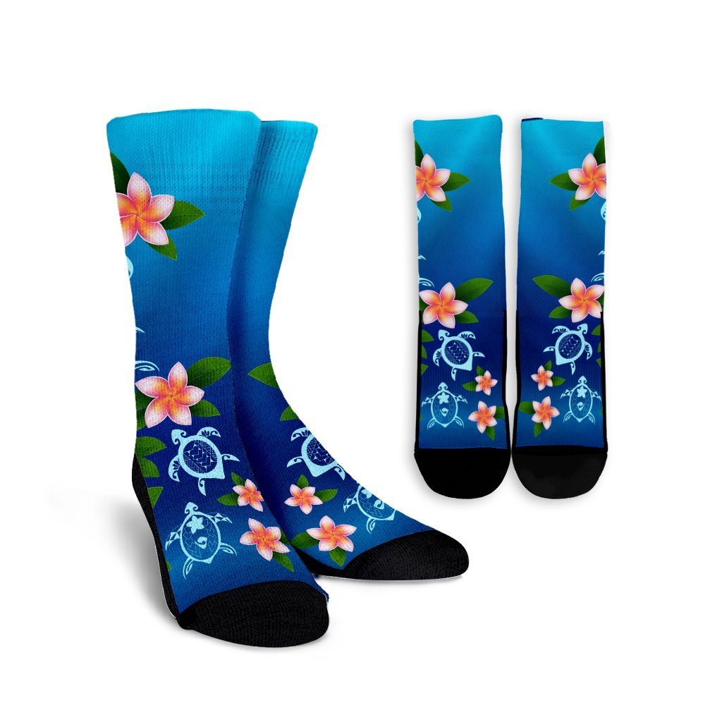 Hawaiian Tuttle And Plumeria Flower In The Sea Polynesian Crew Socks - AH Crew Socks White - Polynesian Pride