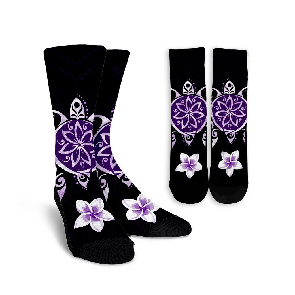 Hawaiian Violet Turtle Plumeria Crew Socks AH Crew Socks White - Polynesian Pride