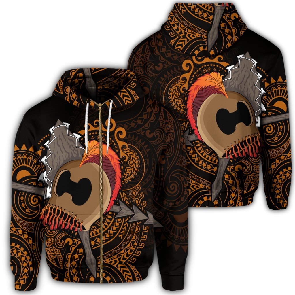 Hawaiian Warrior Helmet Kanaka Polynesian Zip Hoodie Unisex Art - Polynesian Pride