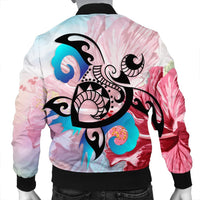 Hawaiian Wave Hibiscus Watercolor Turtle Polynesian Bomber Jacket - AH - Polynesian Pride