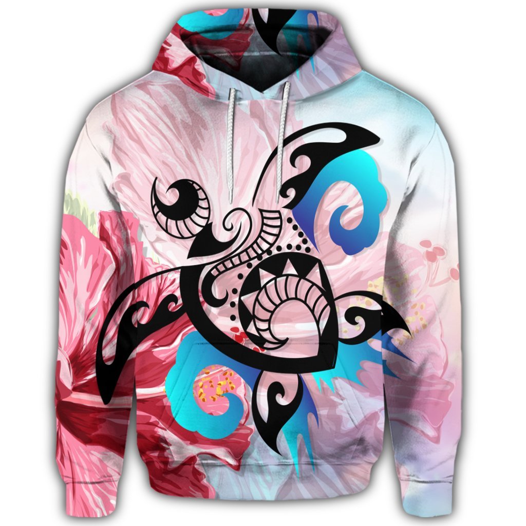 Hawaiian Wave Hibiscus Watercolor Turtle Polynesian Hoodie - Polynesian Pride