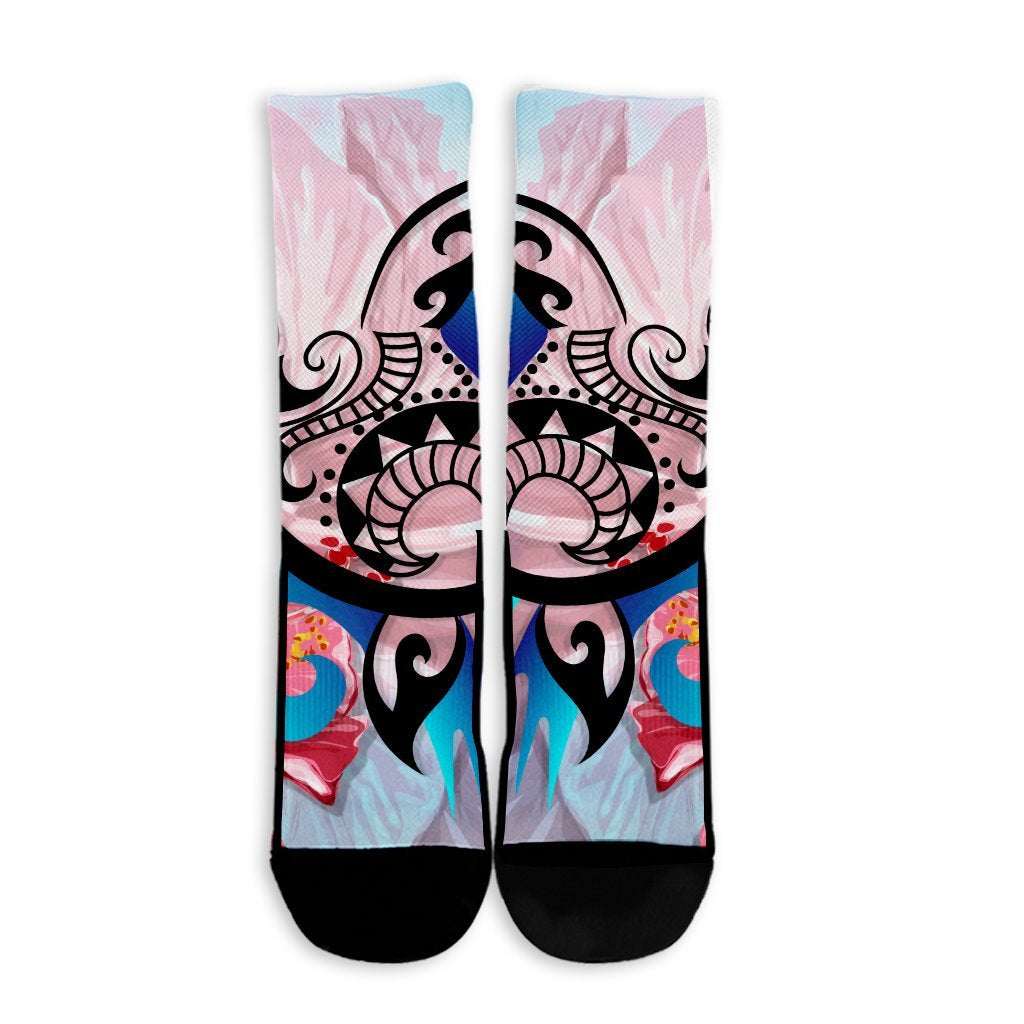 Hawaiian Wave Hibiscus Watercolor Turtle Polynesian Crew Socks - AH - Polynesian Pride