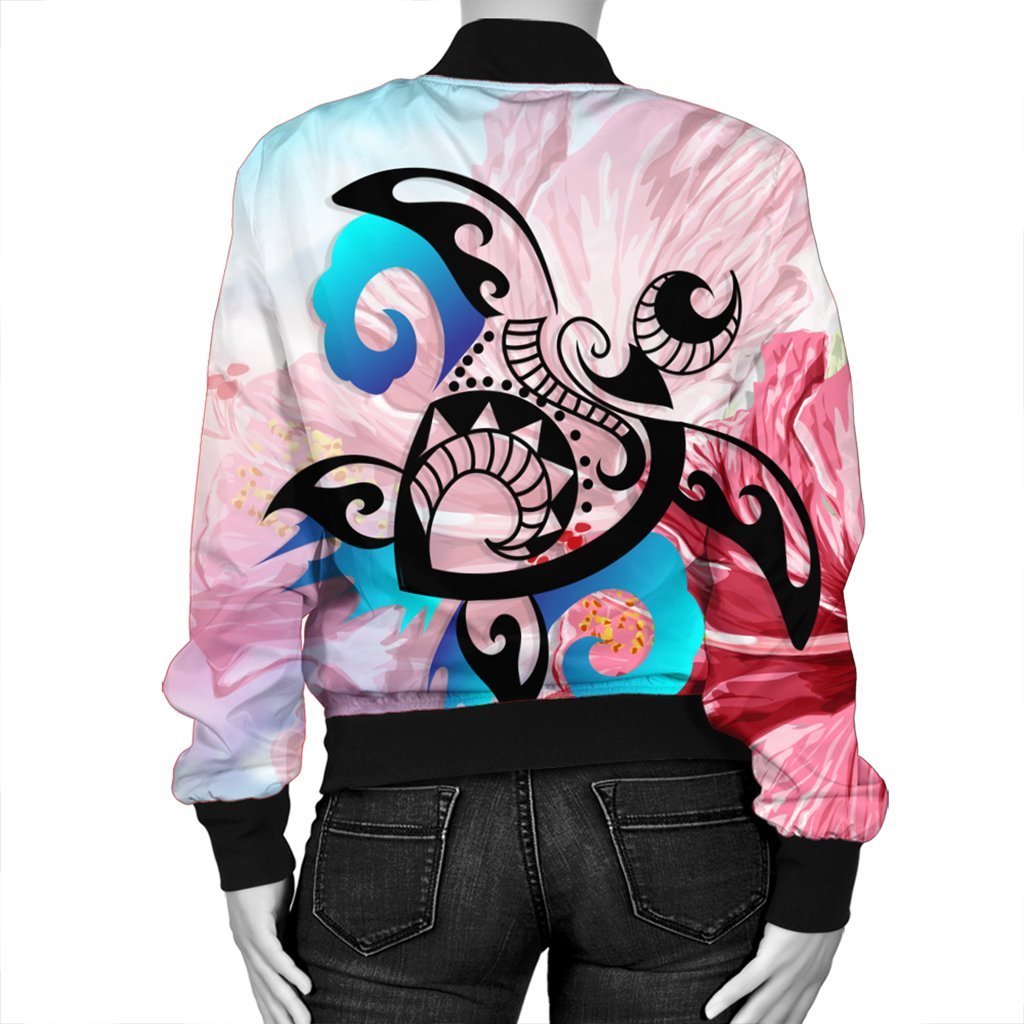 Hawaiian Wave Hibiscus Watercolor Turtle Polynesian Bomber Jacket - AH - Polynesian Pride
