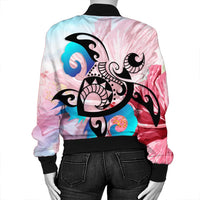 Hawaiian Wave Hibiscus Watercolor Turtle Polynesian Bomber Jacket - AH - Polynesian Pride
