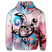Hawaiian Wave Hibiscus Watercolor Turtle Polynesian Hoodie KIDS - Polynesian Pride