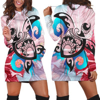 Hawaiian Wave Hibiscus Watercolor Turtle Polynesian Hoodie Dress - AH Black - Polynesian Pride