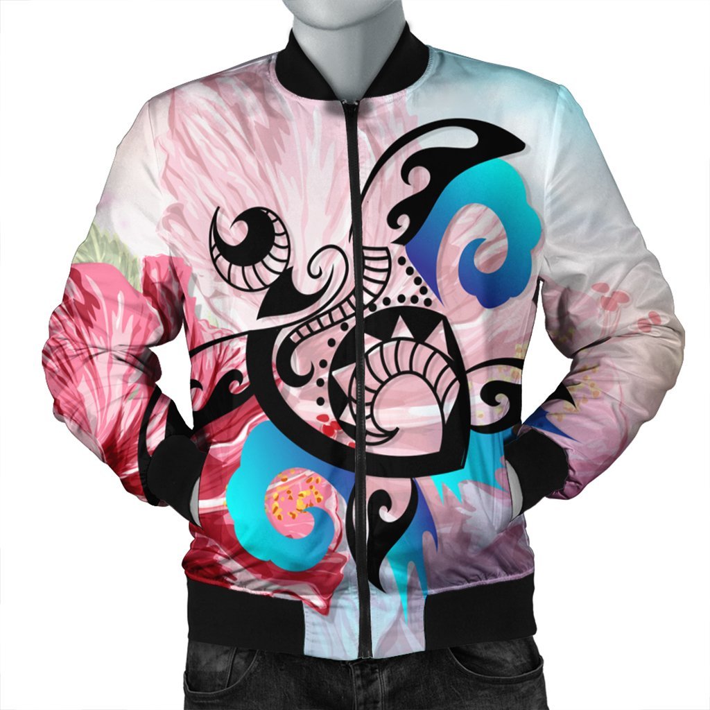 Hawaiian Wave Hibiscus Watercolor Turtle Polynesian Bomber Jacket - AH Black Unisex - Polynesian Pride