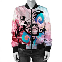 Hawaiian Wave Hibiscus Watercolor Turtle Polynesian Bomber Jacket - AH - Polynesian Pride