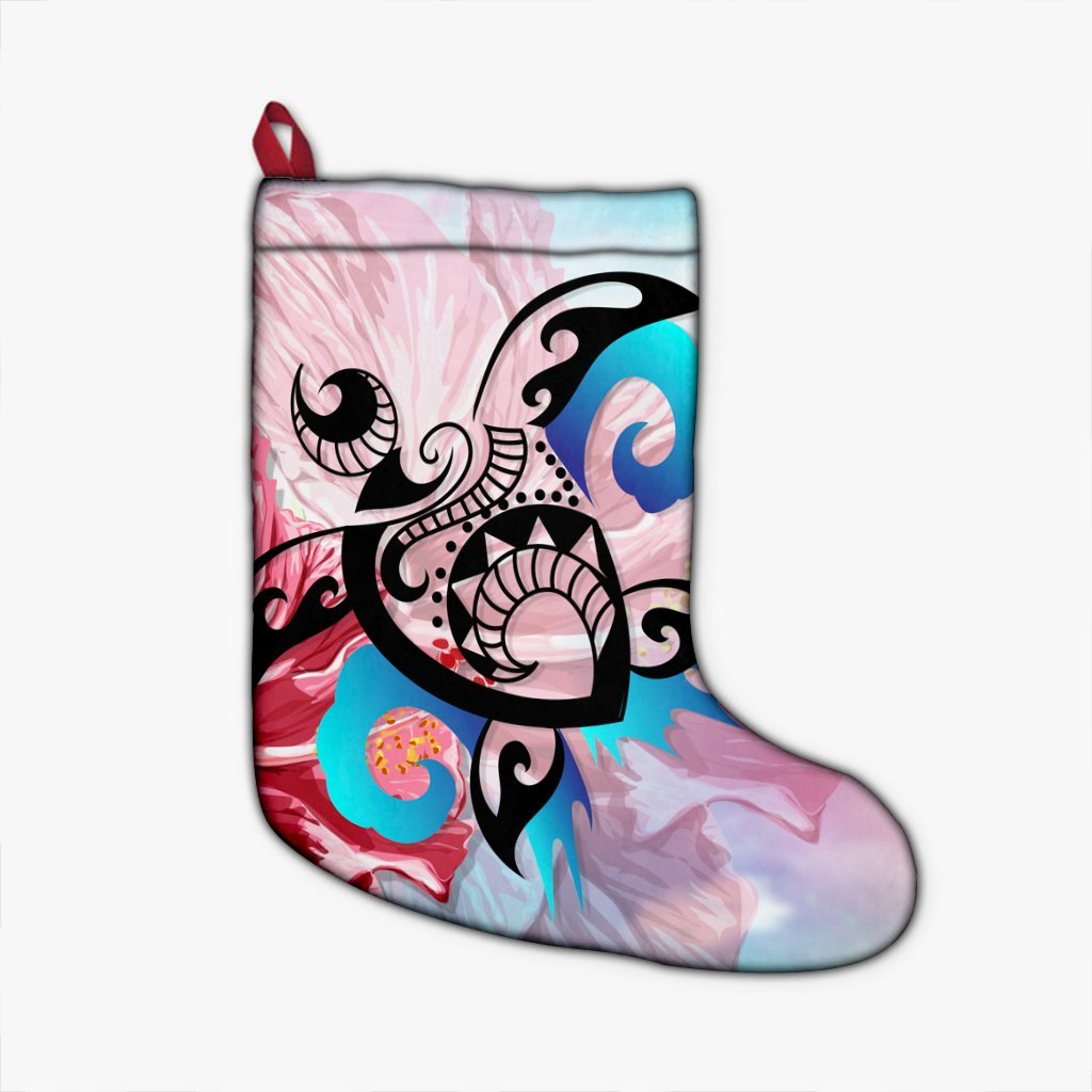 Hawaiian Wave Hibiscus Watercolor Turtle Polynesian Christmas Stocking - AH Christmas Stocking 26 X 42 cm Black - Polynesian Pride