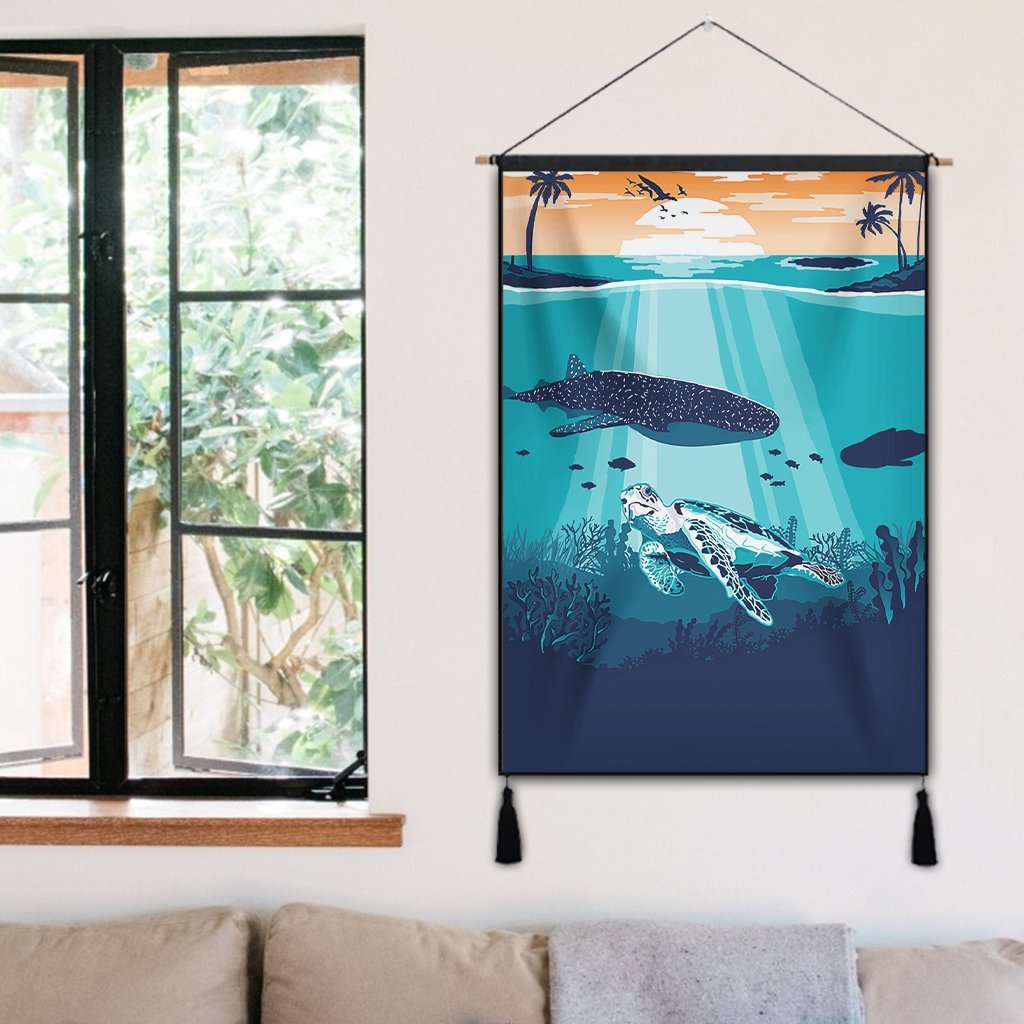Hawaiian Whale And Turtle In Sunset Polynesian Hanging Poster - AH - Polynesian Pride