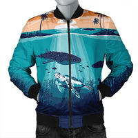 Hawaiian Whale And Turtle In Sunset Polynesian Bomber Jacket - AH Black Unisex - Polynesian Pride