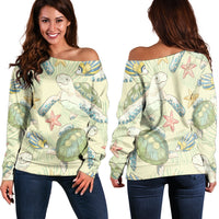 Hawaiian World Animals In Sea Women's Off Shoulder Sweater - AH Black - Polynesian Pride