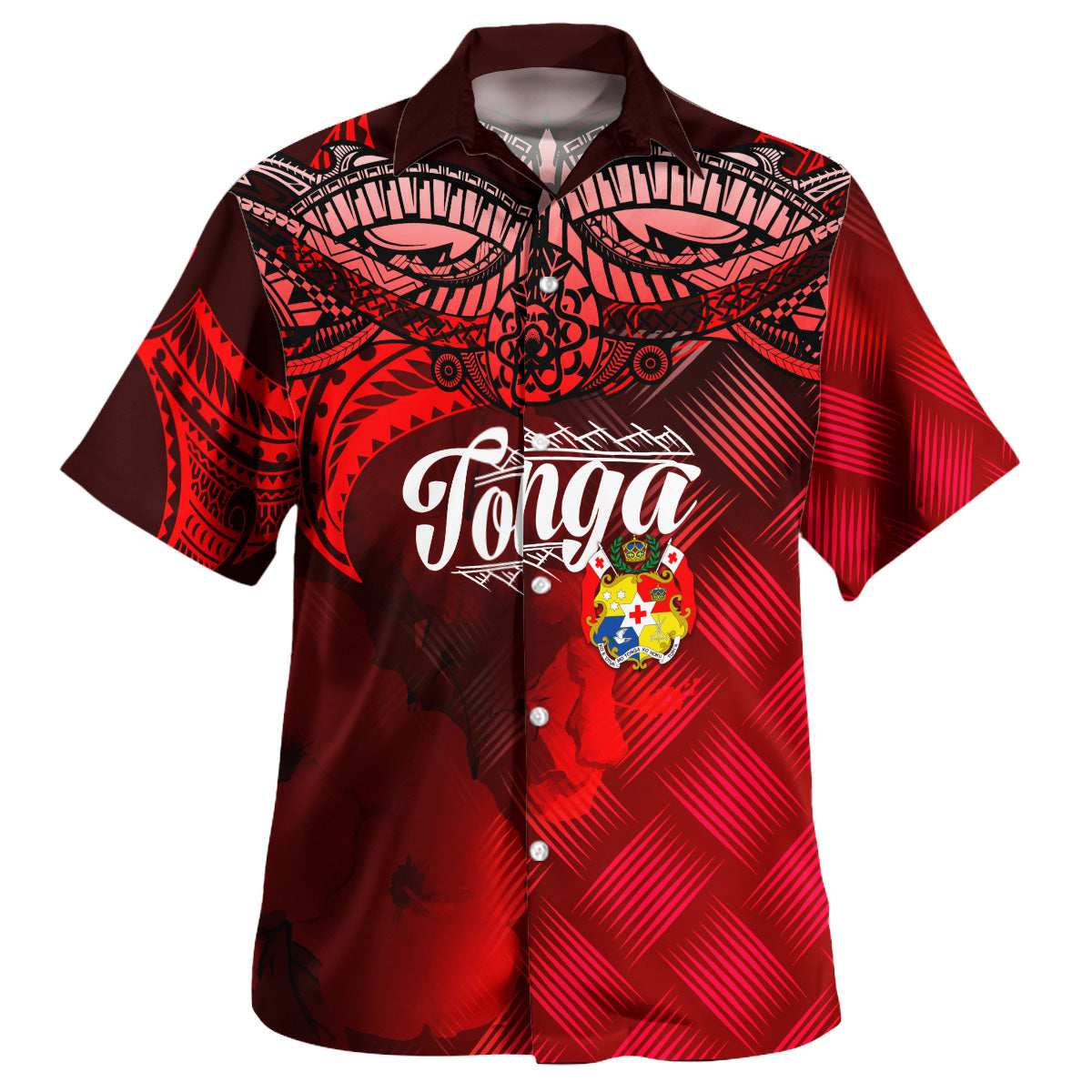 Tonga Polynesian Hawaiian Shirt - Tonga Coat Of Arms With Lauhala Tribal Pattern - Polynesian Pride
