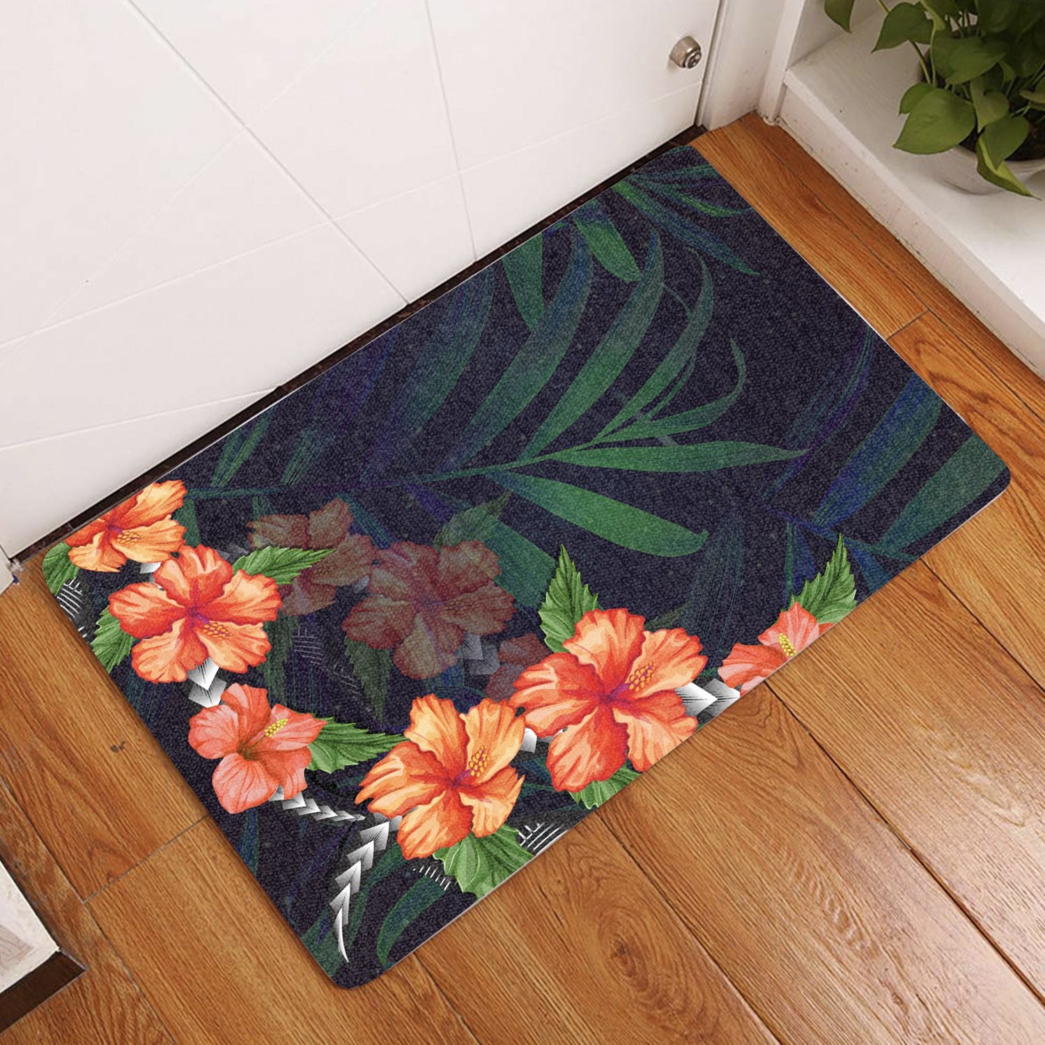 Hibiscus Palm Background Door Mat AH Door Mat Black - Polynesian Pride