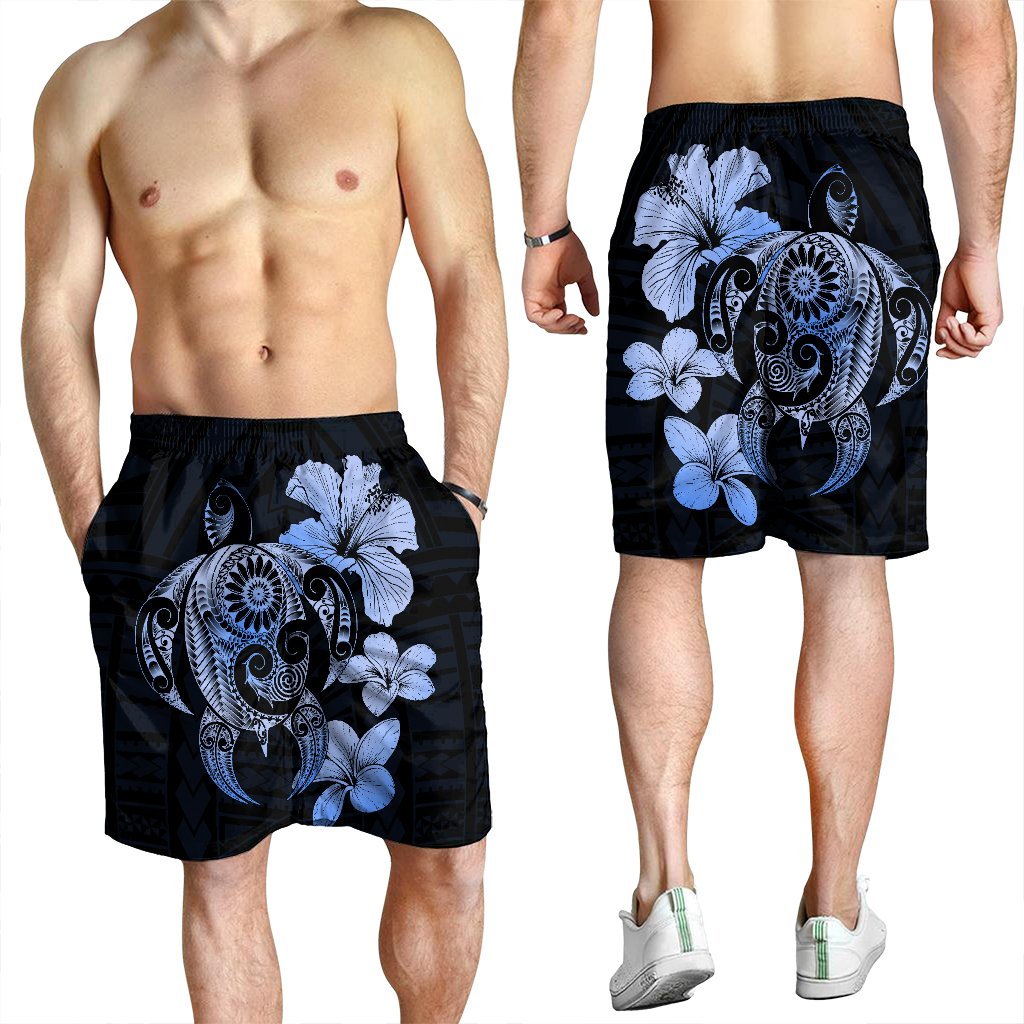 Hibiscus Plumeria Mix Polynesian Turtle Men's Shorts Blue - AH - Polynesian Pride