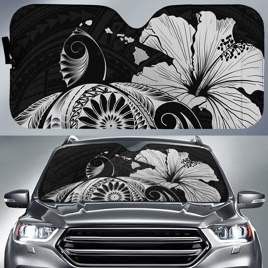Hibiscus Plumeria Mix Polynesian Turtle Car Sun Shade Gray AH Auto Sun Shade Universal Fit White - Polynesian Pride