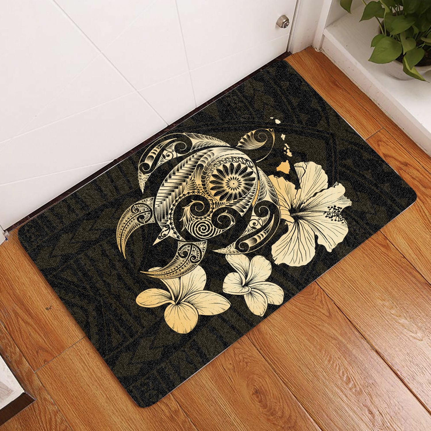 Hibiscus Plumeria Mix Polynesian Turtle Door Mat Gold AH Door Mat Gold - Polynesian Pride