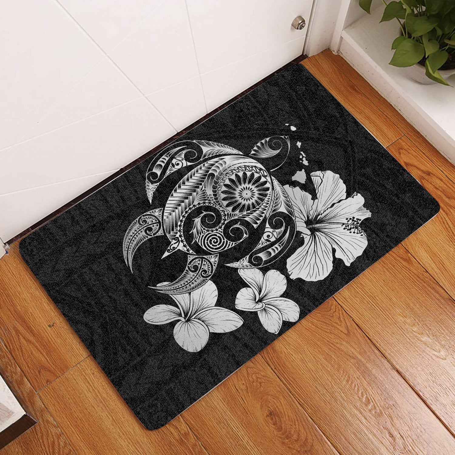 Hibiscus Plumeria Mix Polynesian Turtle Door Mat Gray AH Door Mat Gray - Polynesian Pride