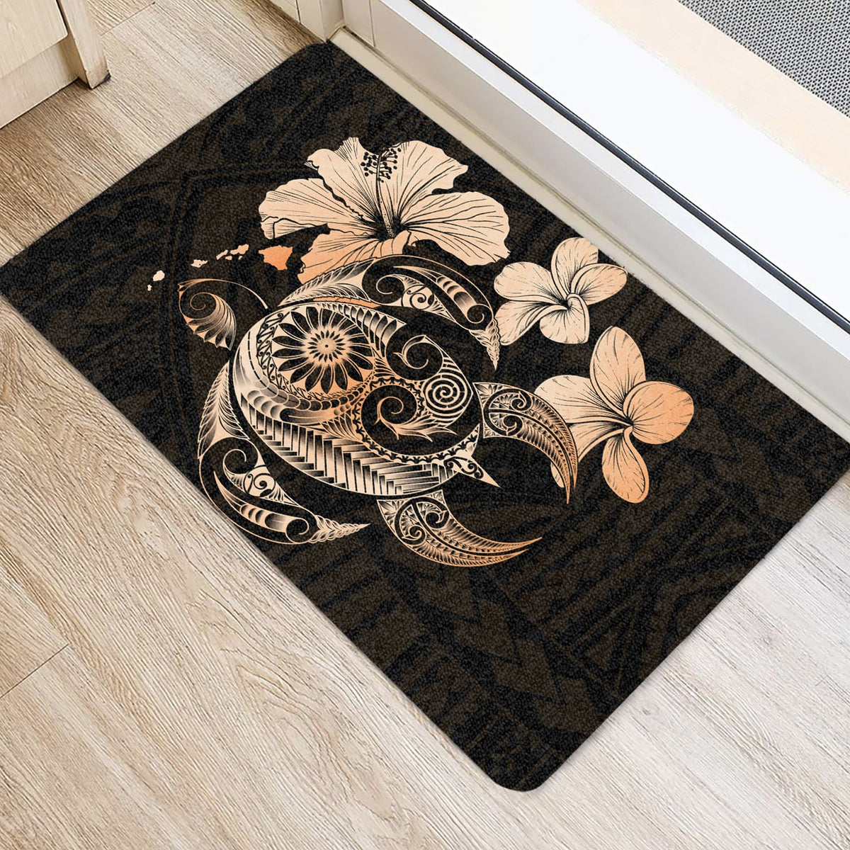 Hibiscus Plumeria Mix Polynesian Turtle Door Mat Orange AH - Polynesian Pride