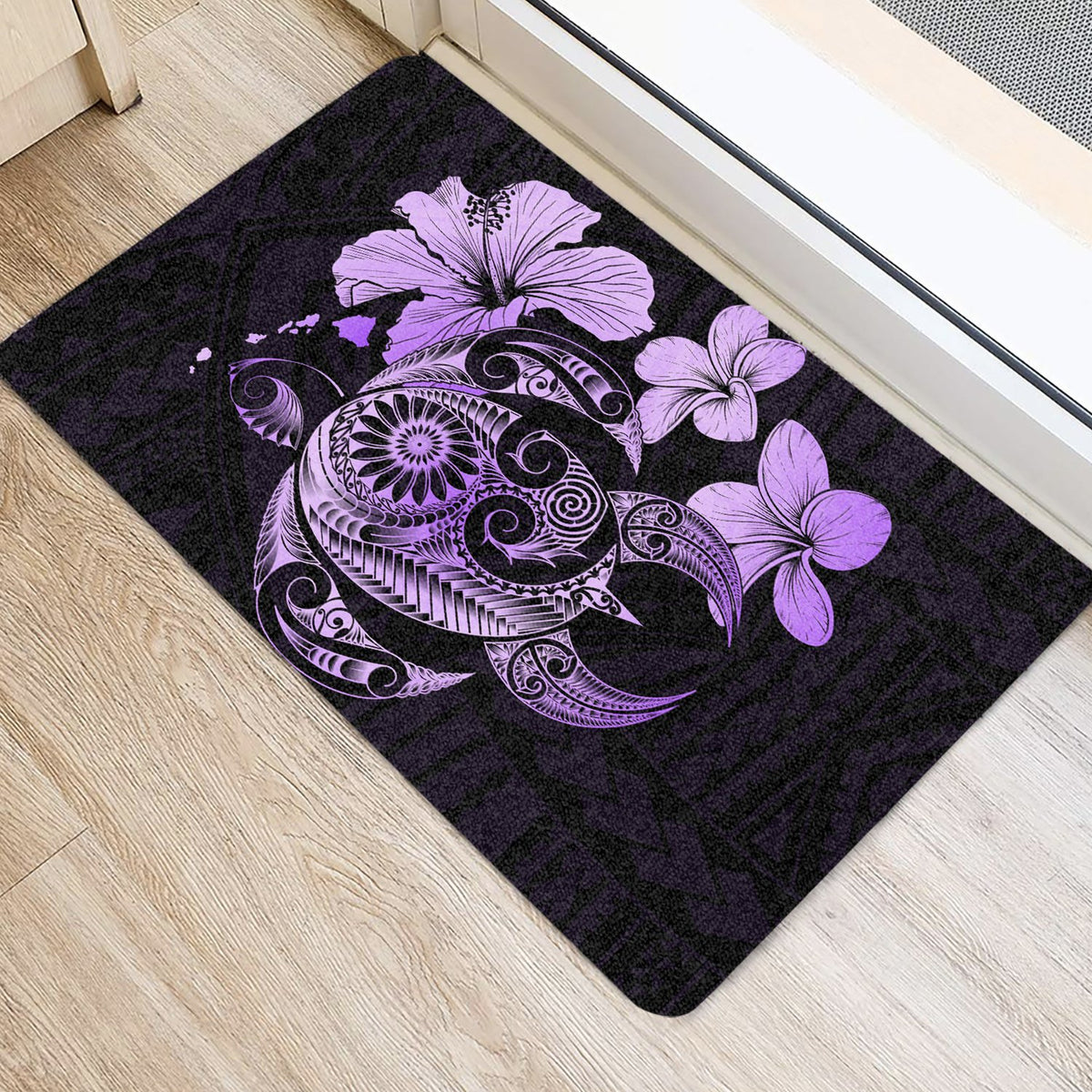 Hibiscus Plumeria Mix Polynesian Turtle Door Mat Violet AH - Polynesian Pride