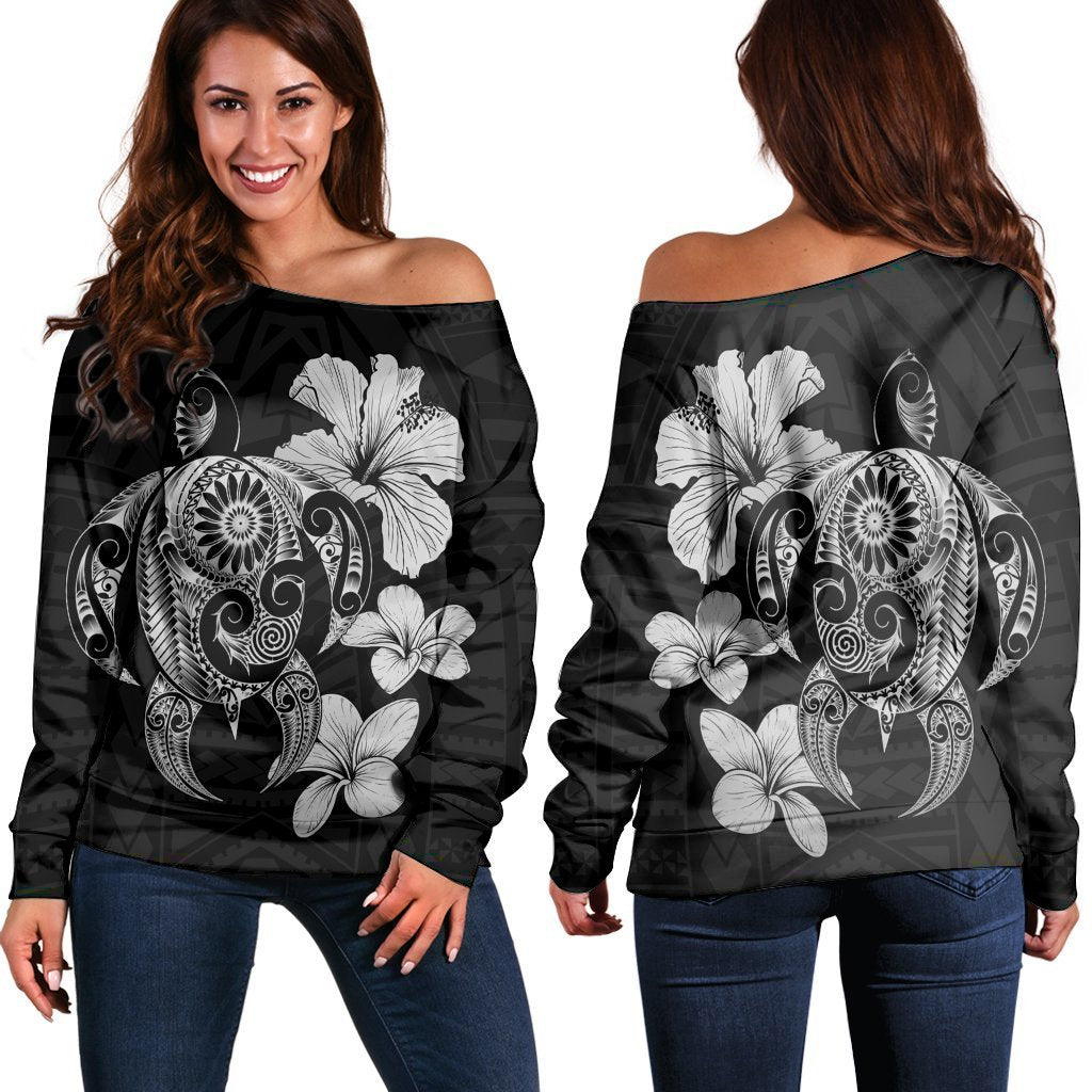 Hibiscus Plumeria Mix Polynesian Turtle Women's Off Shoulder Sweater Gray - AH Black - Polynesian Pride