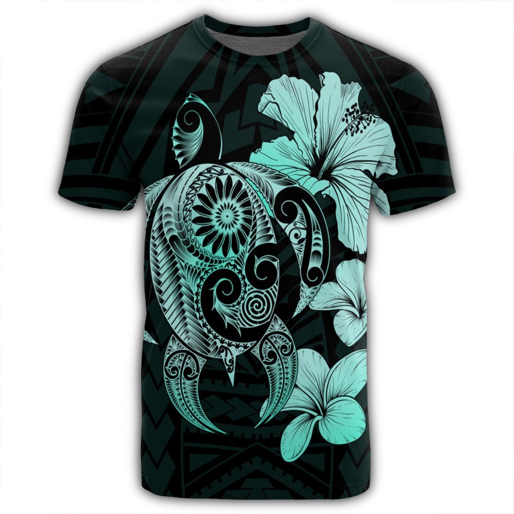 Hibiscus Plumeria Mix Polynesian Turtle T Shirt Turquoise AH - Polynesian Pride