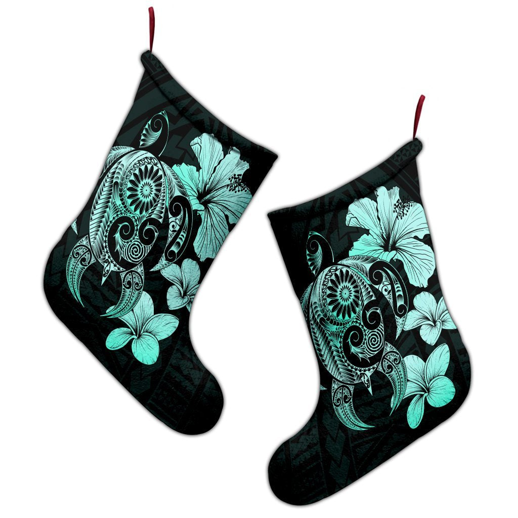 Hibiscus Plumeria Mix Polynesian Turtle Christmas Stocking Turquoise - AH - Polynesian Pride
