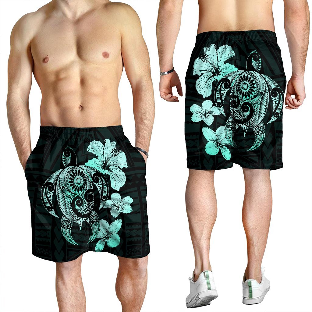 Hibiscus Plumeria Mix Polynesian Turtle Men's Shorts Turquoise - AH - Polynesian Pride