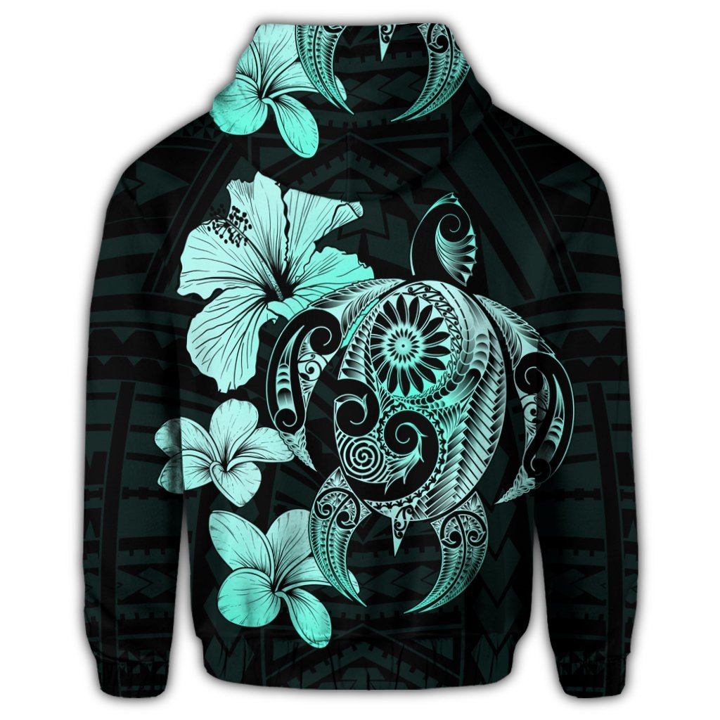 Hibiscus Plumeria Mix Polynesian Turtle Hoodie Turquoise - Polynesian Pride