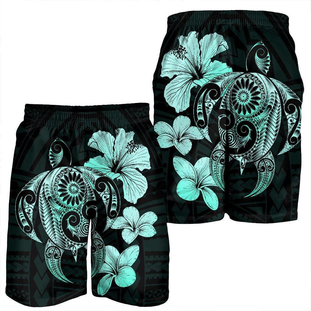 Hibiscus Plumeria Mix Polynesian Turtle Men's Shorts Turquoise - AH - Polynesian Pride