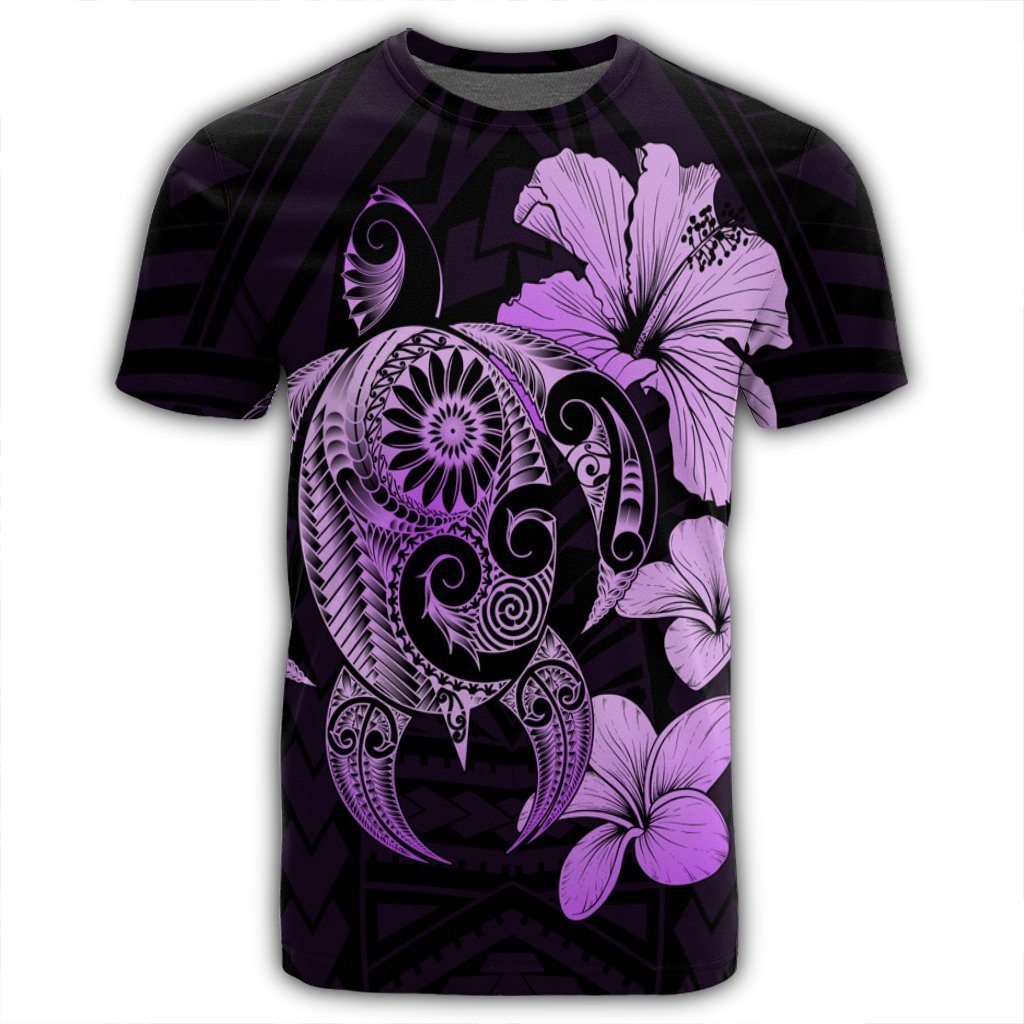 Hibiscus Plumeria Mix Polynesian Turtle T Shirt Violet AH - Polynesian Pride