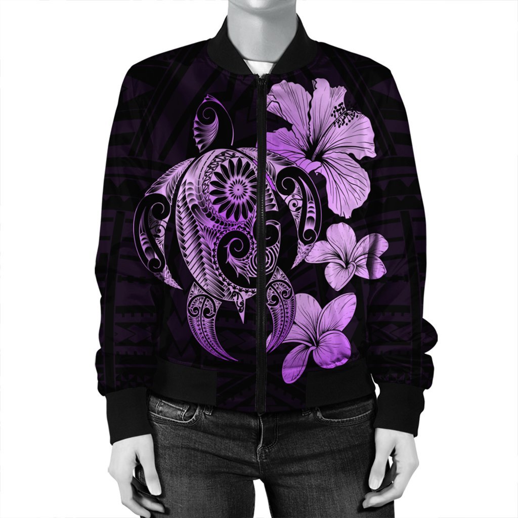 Hibiscus Plumeria Mix Polynesian Turtle Bomber Jacket Violet - AH - Polynesian Pride