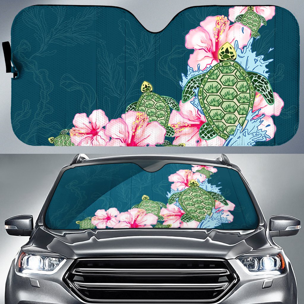Hibiscus Turtle Dance Car Sun Shade AH Auto Sun Shade Universal Fit White - Polynesian Pride