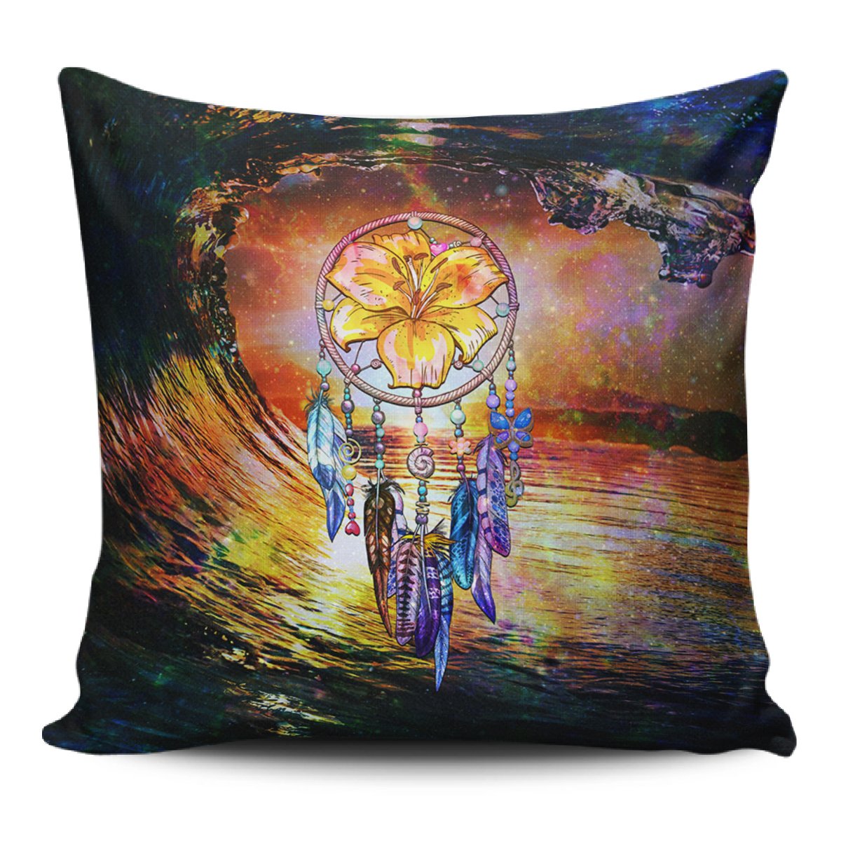 Hibiscus Dreamcatcher Wales Night Pillow Covers One Size Zippered Pillow Case 18"x18"(Twin Sides) Black - Polynesian Pride