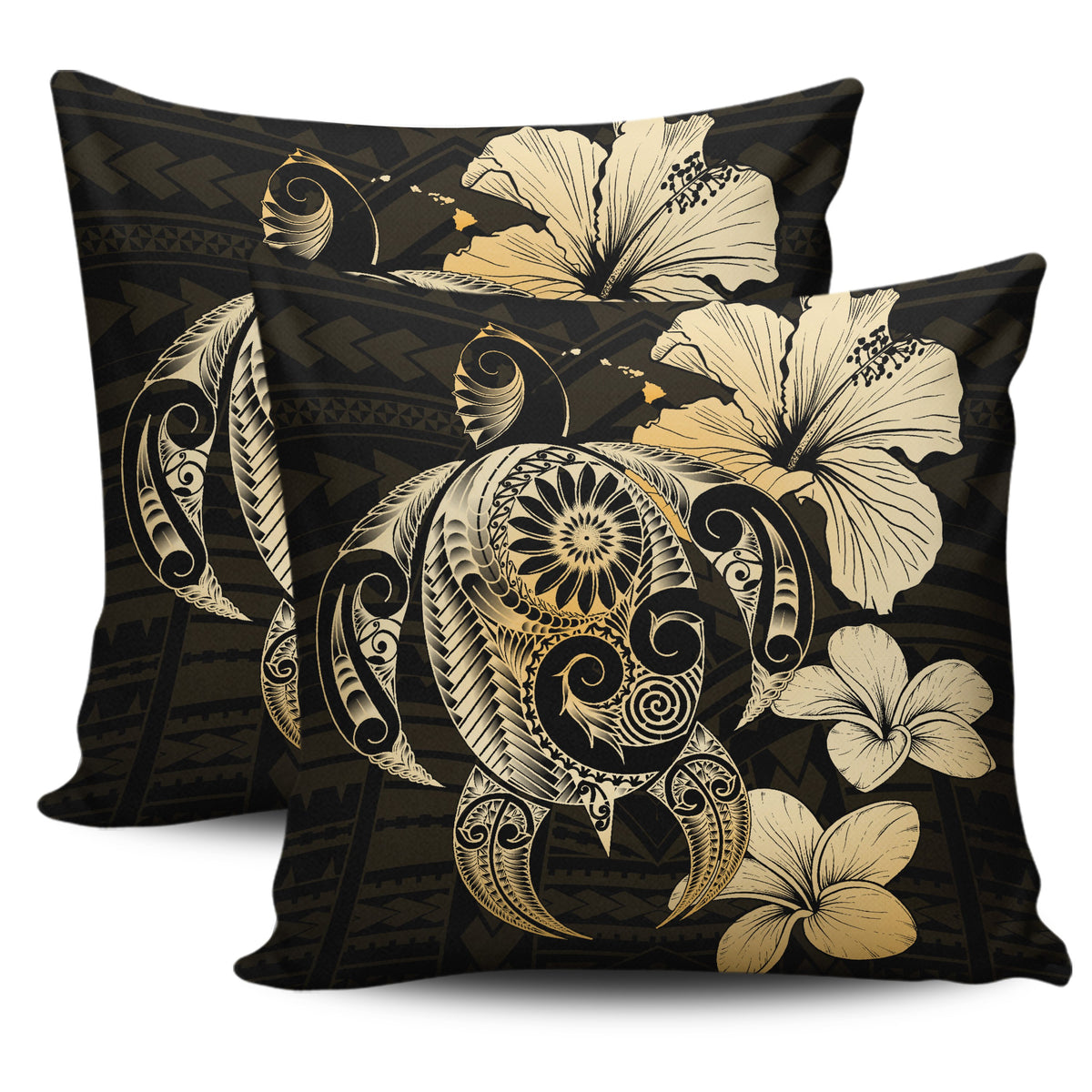Hibiscus Plumeria Mix Polynesian Gold Turtle Pillow Covers One Size Zippered Pillow Cases 18"x 18" (Twin Sides) (Set of 2) Gold - Polynesian Pride