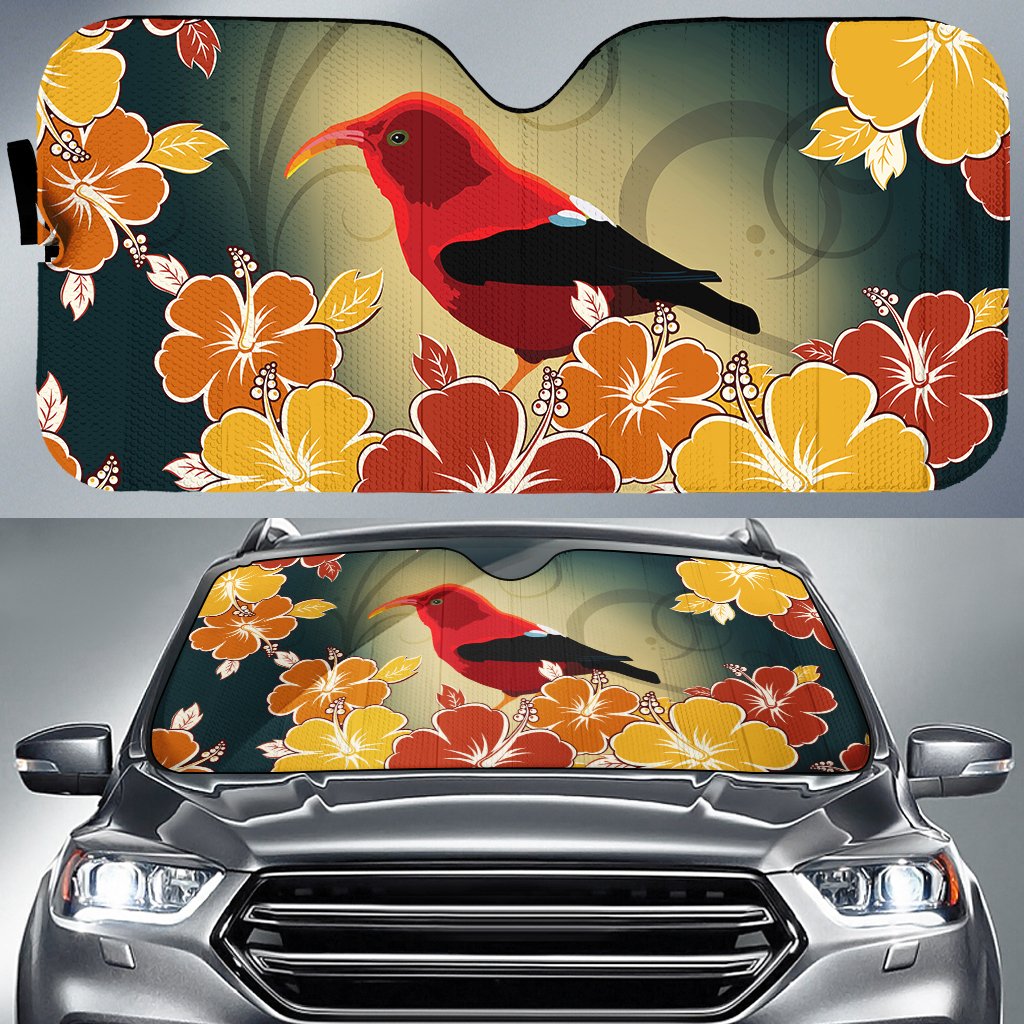 Honeycreeper Hibiscus Car Sun Shade AH Auto Sun Shade Universal Fit White - Polynesian Pride