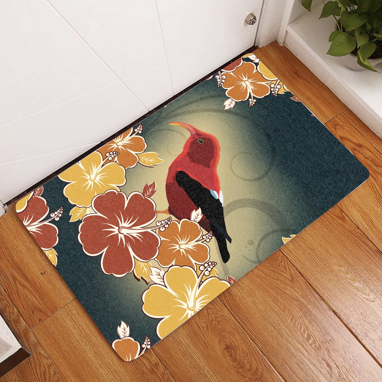 Honeycreeper Hibiscus Door Mat AH Door Mat Black - Polynesian Pride